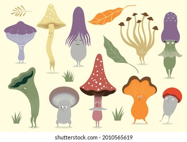 Mushrooms charscters set. Fictional whimsical cute mushrooms. Game design cartoon characters. Fairy tale characters, Hand drawn illustrations . Anthropomorphism art