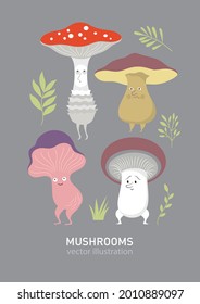 Mushrooms charscters set. Fictional whimsical cute mushrooms. Game design cartoon characters, card design, poster, flyer.  Fairy tale characters, Hand drawn illustrations . Anthropomorphism art