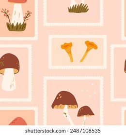 Mushrooms checked seamless pattern. Bento box repeat background. Autumn various forest cep, chanterelle fungus and bolete retro stamps endless design. Vector hand drawn illustration.