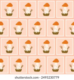 Mushrooms checked seamless pattern. Bento box repeat background. Autumn forest harvest retro stamps endless design. Vector hand drawn flat illustration.