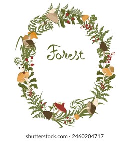 Mushrooms circle frame.  Wreath with forest harvest. Autumn illustration with forest mushrooms, fern, grass, berries, bugs. Vector print design. White background.