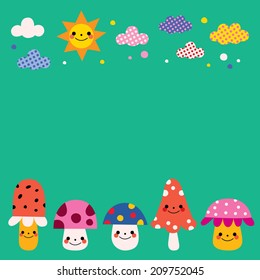 mushrooms, clouds, sun nature background illustration