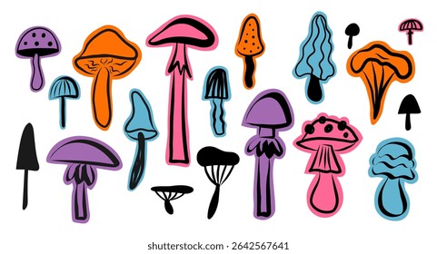 Mushrooms color sketch on isolated background. Hand drawn illustration with toadstool, chanterelles, honey fungus, morels, butter mushroom, fly agaric, oyster, russula, spongy. Forest plants, autumn