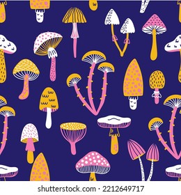 Mushrooms colorful trendy hand drawn seamless vector pattern