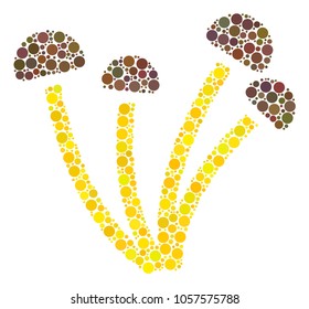 Mushrooms composition of circle dots in variable sizes and color hues. Circle elements are grouped into mushrooms vector illustration. Vector design concept.