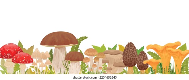 Mushrooms composition with flat set of various edible and poisonous shrooms among various leaves and grass vector illustration