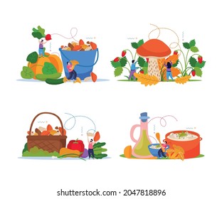 Mushrooms composition set with food symbols flat isolated vector illustration