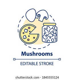 Mushrooms concept icon. Different types of groceries to buy. Organic food. Tasty meals. Vegan food idea thin line illustration. Vector isolated outline RGB color drawing. Editable stroke