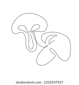 Mushrooms in continuous line art drawing style. Half champignon and whole champignon minimalist black linear sketch isolated on white background. Vector illustration