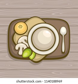 Mushrooms cream soup. Top view vector illustration. Fresh soup in ceramic bowl on a wood tray with wheat bun. Tasty lunch. Design for menu and recipe.