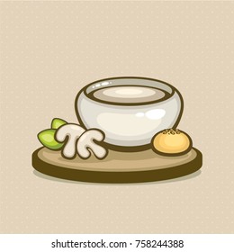 Mushrooms cream soup vector illustration. Fresh soup in ceramic bowl on a wood tray with wheat bun. Tasty lunch. Design for menu and recipe.