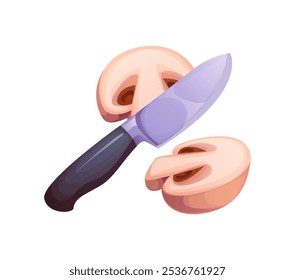 Mushrooms cutting or slicing and cleaning for food cooking process vector icon. Champignon mushrooms preparation process of slice cut by knife for food preparation instruction or chef guide