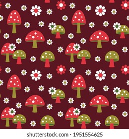 mushrooms and daisy retro seamless pattern on dark red background