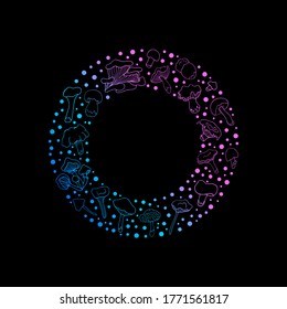 Mushrooms. Design of logos, books, albums, and magazines.  Doodle style. Vector isolated illustration with chanterelles, russules, oyster mushrooms, white mushrooms on a black background. 