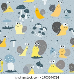 Mushrooms Design Seamless pattern on Blue.