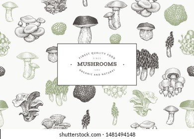 Mushrooms design template. Vector hand drawn illustrations. Mushroom in retro style. Autumn food background.