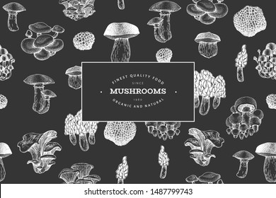 Mushrooms design template. Vector hand drawn illustrations on chalk board. Mushroom in vintage style. Autumn food background.