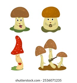 mushrooms of different shapes and varieties.Vector funny illustration