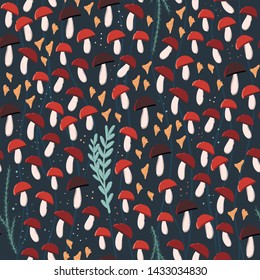 Mushrooms doodle style seamless pattern. Hand drawn nature background. Stock vector