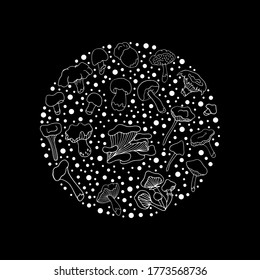 Mushrooms. Doodle style. Vector isolated illustration with chanterelles, russules, oyster mushrooms, white mushrooms on a black background.  Design of logos, books, albums, and magazines. 