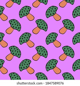 Mushrooms with dots, seamless pattern on pink background.