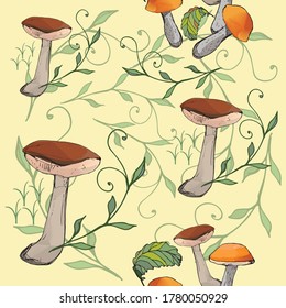 Mushrooms edible vegeterian organic mushrooming seamless pattern, vector illustration.  boletus, aspen mushroom.