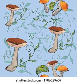 Mushrooms edible vegeterian organic mushrooming seamless pattern, vector illustration.  boletus, aspen mushroom.