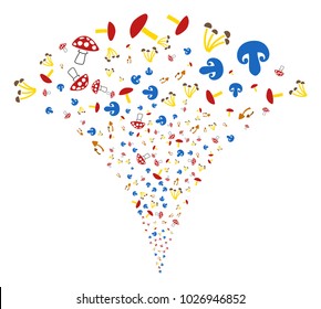 Mushrooms explosion fountain. Vector illustration style is flat iconic symbols. Object fountain made from random pictographs as mushrooms fireworks.