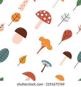 Mushrooms and fall leaves seamless pattern. Cute cartoon forest fungus and foliage repeat texture. Kids autumn fabric, textile print design, nursery wallpaper. Vector illustration on white background