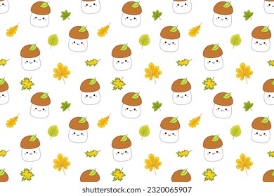 Mushrooms and fall leaves seamless pattern. Squishmallow. Boletus, porcini. Kawaii, Vector. Isolated vector illustration eps 10