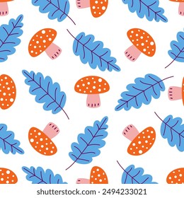 Mushrooms and fall leaves. Seamless pattern of fly agaric, amanita red mushooms with white dots and blue leaves. Autumnal design for fabric, textile. Isolated on white background. Vector illustration.