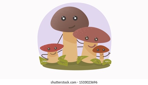 Mushrooms family. Cartoon and flat style. Mushrooms set. Vector illustration. Colorful and funny composition. Mushrooms in meadow.