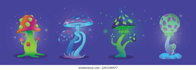 Fantasías de hongos fantasía alucinógenas dibujos animados psicodélicos de cuento de hadas , plantas mágicas, extrañas. Fantásticas ilustraciones de símbolos vectores de bosque de hongos. EPS