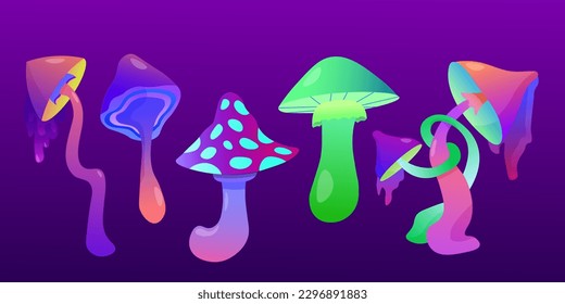 Fantasías de hongos fantasía alucinógenas dibujos animados psicodélicos de cuento de hadas , plantas mágicas, extrañas. colorido psilocybin botánico loco místico fantástico hongo símbolos vectores de bosque ilustraciones conjunto