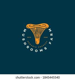 Mushrooms farm logo design template witn a chanterelle for a dark background. Vector illustration.