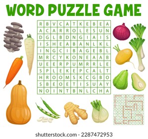 Pilze und Agrarrohgemüse auf Wortsuche Puzzle-Spielblatt. Kinderquizgitter, Cartoon-Vektor-Bildungsspiel oder Kindergarten-Intelligenztest mit Wörtern in Buchstaben finden Aufgabe