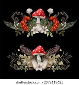 Mushrooms, fern and berries isolated. Vector