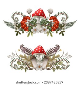 Mushrooms, fern and berries isolated. Vector