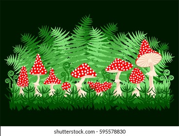 Mushrooms, ferns, leaves and moss on black background. Magic forest . Vector illustration