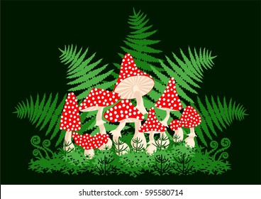 Mushrooms, ferns, leaves and moss on black background. Magic forest . Vector illustration 