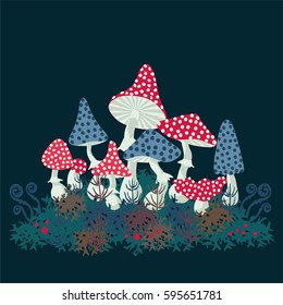 Mushrooms, ferns, leaves and moss on black background. Magic forest . Vector illustration 