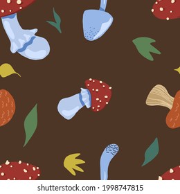 Mushrooms flat hand drawn vector seamless pattern. Autumn harvest ornament in scandinavian style. Abstract сolored cartoon design for print, wrap, background, wallpaper, textile, fabric, decor, card.