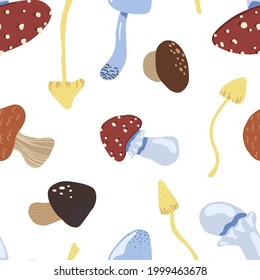 Mushrooms flat hand drawn vector seamless pattern. Autumn harvest ornament in scandinavian style. Abstract сolored cartoon design for print, wrap, background, wallpaper, textile, fabric, decor, card.