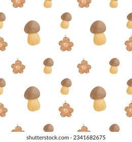 Mushrooms and flowers brown pattern Background