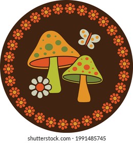 mushrooms flowers and butterflies circle graphic