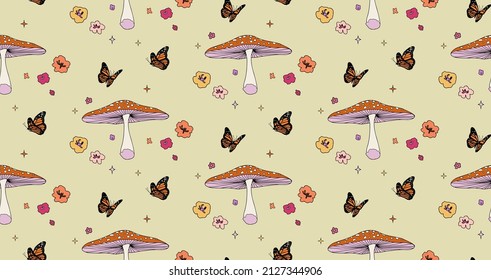 Mushrooms and flowers, butterfly. Seamless hippie pattern