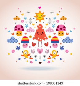 mushrooms, flowers, hearts & birds illustration
