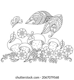 Mushrooms, flowers and leaves on a white background. Anti-stress coloring book for children and adults. Decorative element for design. Doodle drawing