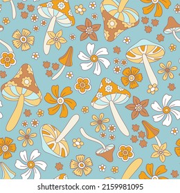 Mushrooms and flowers seamless pattern in retro style 60s 70s . Nature psychedelic background. Groove mushrooms texture, vector