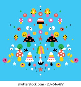 mushrooms, flowers & snails nature illustration